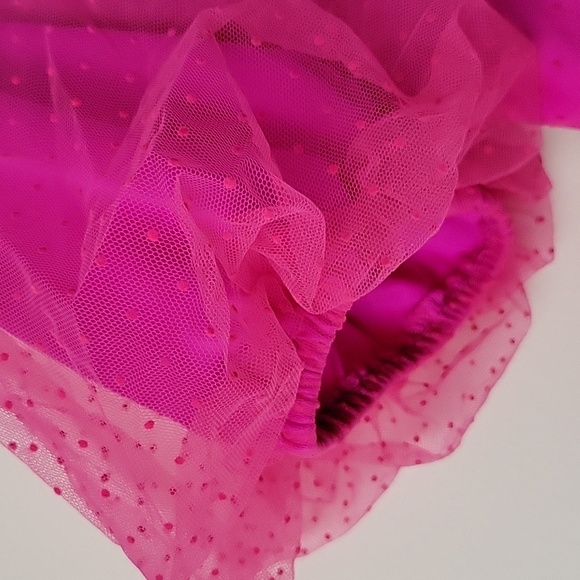 Lulus Women's Dramatic Poise Hot Pink Dot Tulle Puff Sleeve Tiered Mini … - Picture 7 of 15